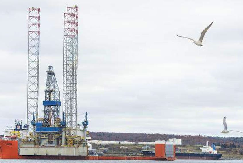 The Noble Regina Allen jack-up drilling rig arrived in Halifax harbour on Tuesday aboard the semi-submersible heavy lift ship Forte.