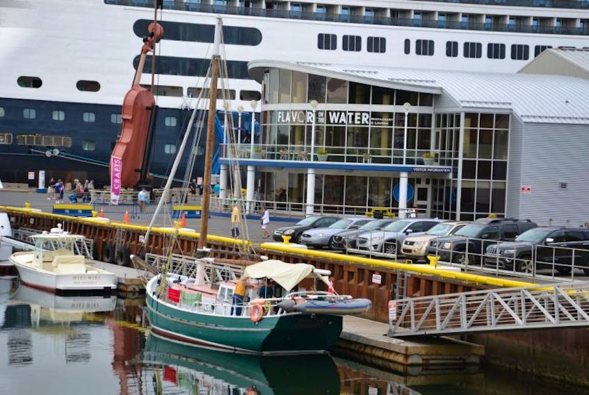 <p>The sailboat “Double Crow” was one of several vessels at the dock outside the Joan Harriss Cruise Pavilion in Sydney, Sunday morning.</p>
