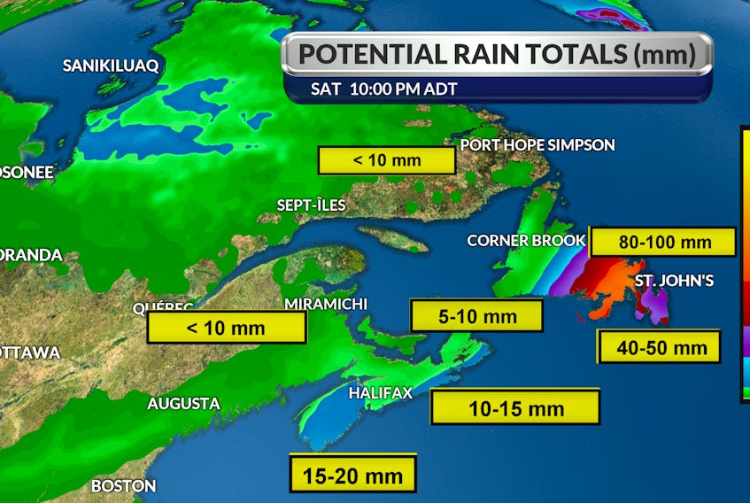 Expected rainfall totals for Newfoundland from weather system Sally. CINDY DAY/SALTWIRE NETWORK