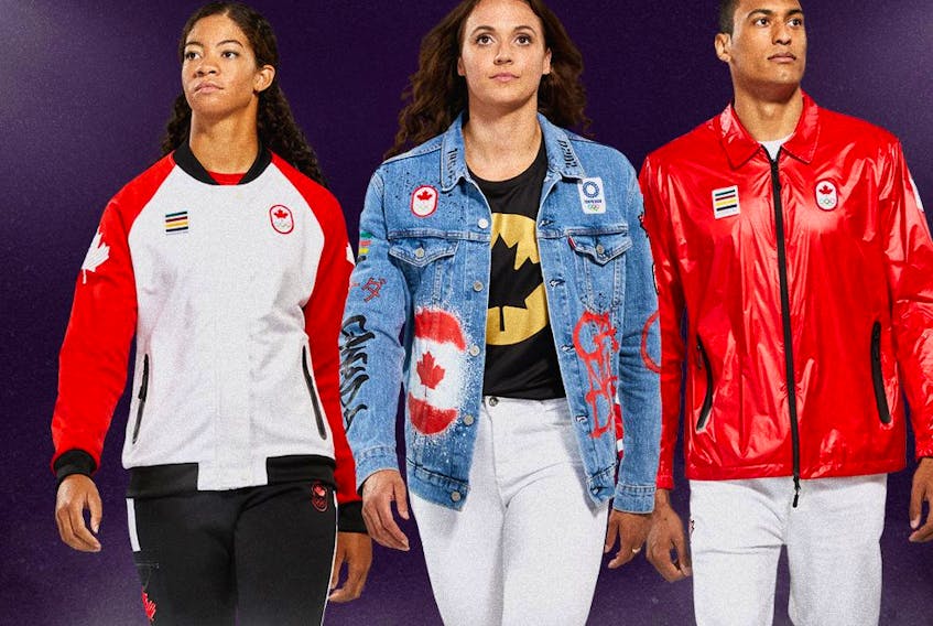 From left to right: Sarah Douglas (sailing) wearing a podium outfit, Kylie Masse (swimming) wearing a closing ceremony outfit, and Pierce Lepage (athletics) wearing opening ceremony outfit. 