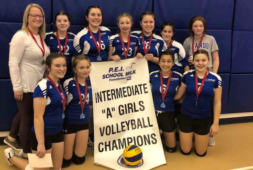 The École-sur-Mer Sharks won the P.E.I. School Athletic Association Intermediate A Girls Volleyball League championship in Kinkora on Tuesday. The Sharks defeated the Souris Spartans 3-0 (25-19, 25-16, 25-22) in the final. Members of the Sharks are, front row, from left: Lydia Enman, Olivia Larose, Lai xia Hein and Isabelle Richards. Back row: Steph Richard (coach), Janelle Gardiner, Taylor Caissie, Emma McInnis, Oxanna Campbell, Charlie DesRoches and Émilie-Sophie Benoit (coach).
