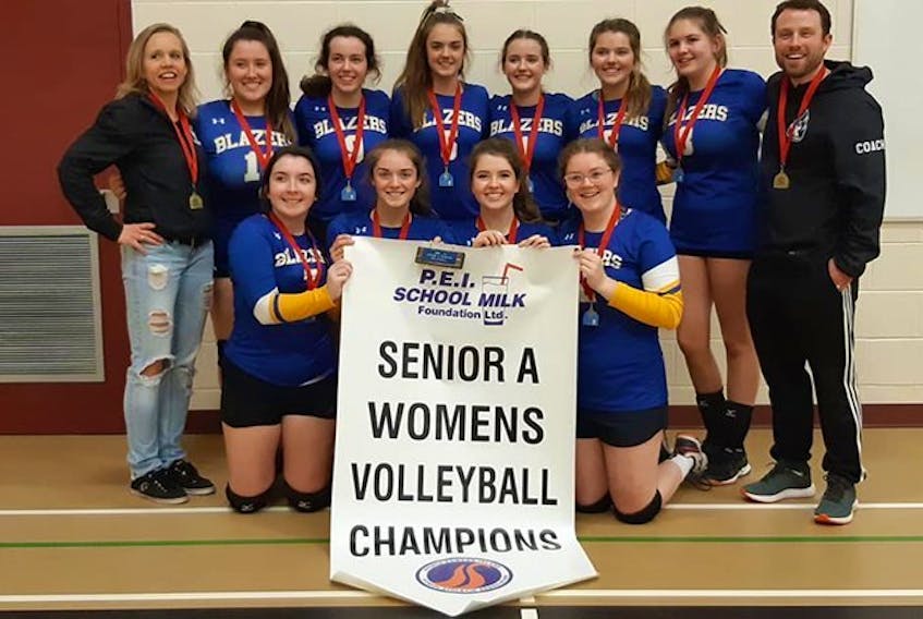The Kinkora Blazers recently repeated as champions of the P.E.I. School Athletic Association (PEISAA) Senior A Girls Volleyball League. The Blazers pulled out a 3-2 victory over the Evangeline Coyotes in the gold-medal match. Scores were 25-21, 25-11, 22-25, 18-25, 15-11. Members of the Blazers are, front row, from left: Jara Nantes, Charlotte Linkletter, Faith Reeves and Jessica Larsen. Back row: Lisa McCardle (assistant coach), Jeanna Pickering, Shaelynn McCardle, Bridgette Linkletter, Maura Duffy, Rachel Paynter, Colby Buch and Evan Killorn (head coach).