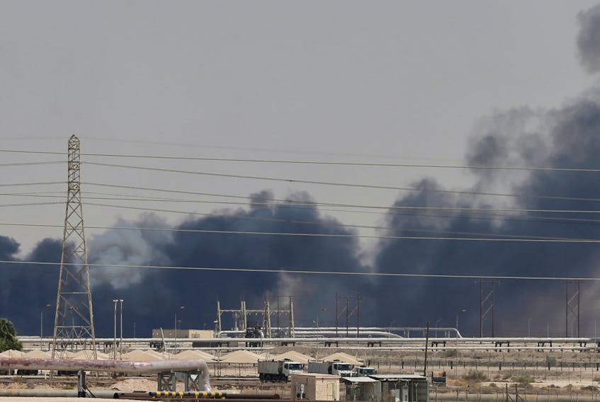 Smoke is seen after the attack on the  Aramco facility in the eastern city of Abqaiq, Saudi Arabia on Sept. 14, 2019.