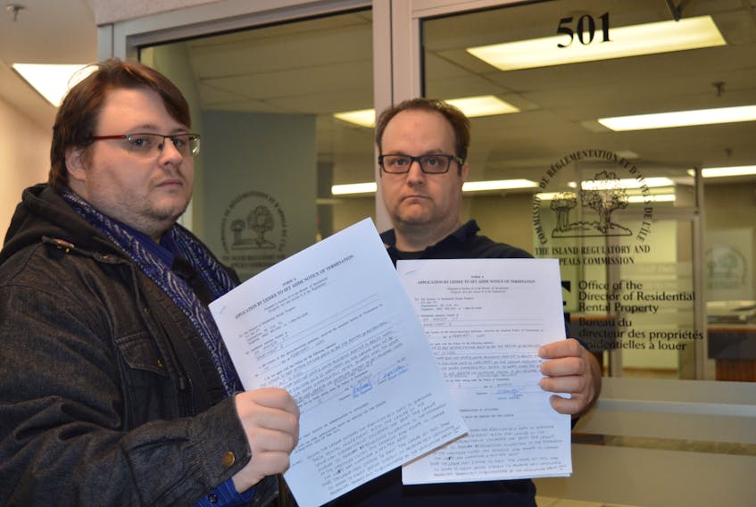 Alex Arsenault, left, and Dave Neatby were among the residents living at 24 Water St. in Charlottetown to file appeals with the Island Regulatory and Appeals Commission on Thursday. Nine tenants in the building received eviction notices on Feb. 19 and were told they have to be out by April 30. Dave Stewart/The Guardian