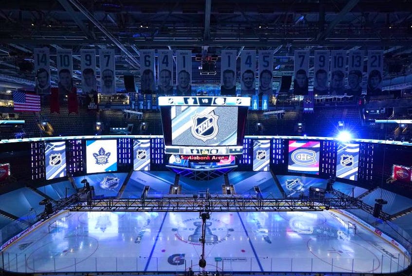 A view of the Scotiabank Arena ice before the Toronto Maple Leafs and the Montreal Canadiens began the second period during an exhibition game on Wednesday. GETTY IMAGES