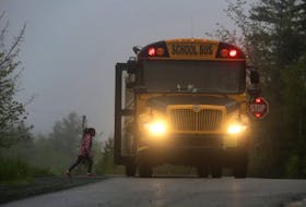 A young child boards a school bus on a dark, foggy morning near Lake Loon (Dartmouth) in this file photo.