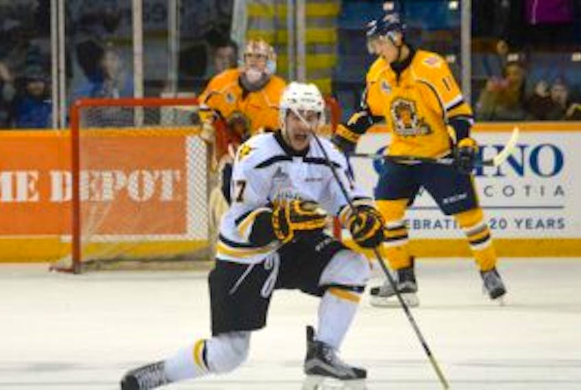 ['Giovanni Fiore celebrates his game-winning overtime goal that capped a dramatic comeback by Cape Breton Screaming Eagles in their 4-3 victory over the Shawinigan Cataractes in Québec Major Junior Hockey Legue action on Saturday at Centre 200 in Sydney.']