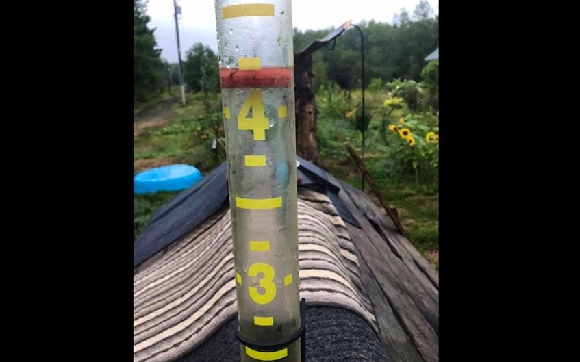 Remnants of Post-tropical Erin dumped more than a month’s worth of rain in some parts of our region last Thursday. Michael Lewis found more than 4 inches or a little more than 100 mm of rain in his rain gauge. Michael lives about 300 meters south of the Annapolis River in Middleton, N.S.
