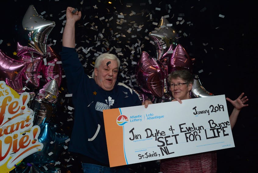 Evelyn Byrne and Jim Dyke of St. John’s got their Set For Life cheque from Atlantic Lottery Thursday.