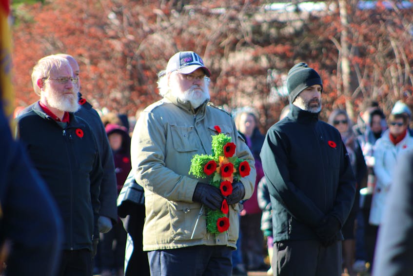 Sackville Deputy Mayor Ron Aiken, middle, seen here with fellow council members Mike Tower, left, and Andrew Black during the 2018 Remembrance Day service, is putting his name on the ballot for mayor in this spring’s municipal election.