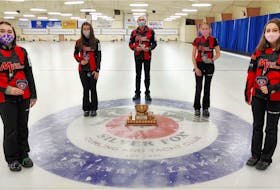 The Katie Shaw rink from the Cornwall Curling Club won the 2021 Pepsi P.E.I. junior women’s curling championship at the Silver Fox in Summerside on Sunday. Members of the winning rink are, from left, Shaw, third Lexie Murray, coach David Murphy, second Alexis Burris and lead Isabella Tatlock.
