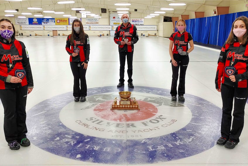 The Katie Shaw rink from the Cornwall Curling Club won the 2021 Pepsi P.E.I. junior women’s curling championship at the Silver Fox in Summerside on Sunday. Members of the winning rink are, from left, Shaw, third Lexie Murray, coach David Murphy, second Alexis Burris and lead Isabella Tatlock.