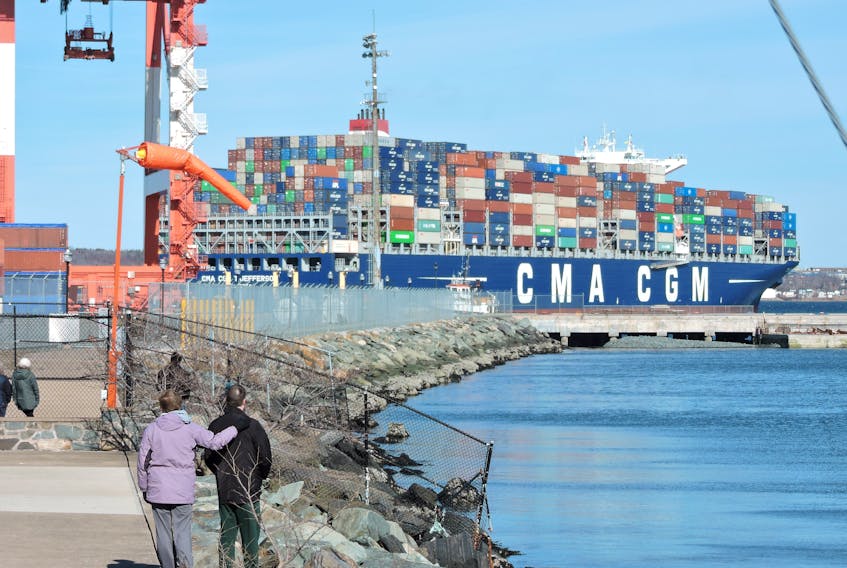 Visitors to Point Pleasant Park on March 21 watched two tugs guide the CMA CGM T. Jefferson to the PSA Halifax South End Container Terminal.
