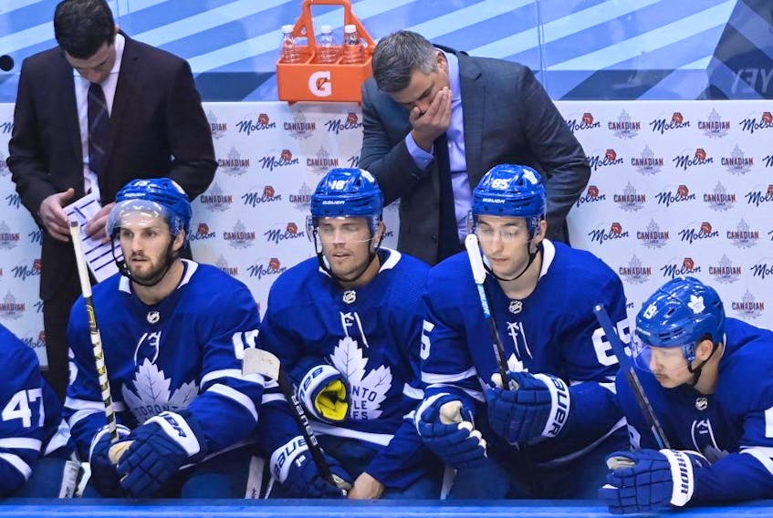 Maple Leafs head coach Sheldon Keefe reacts after his team gave up the second goal to Columbus in Game 5 on Sunday. NATHAN DENETTE/THE CANADIAN PRESS