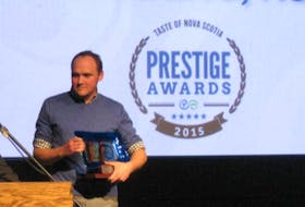 <p>Blomidon Estate Winery’s Simon Rafuse waits his turn at the microphone last fall when the winery won the Taste of Nova Scotia Prestige Award for producer of the year award.</p>