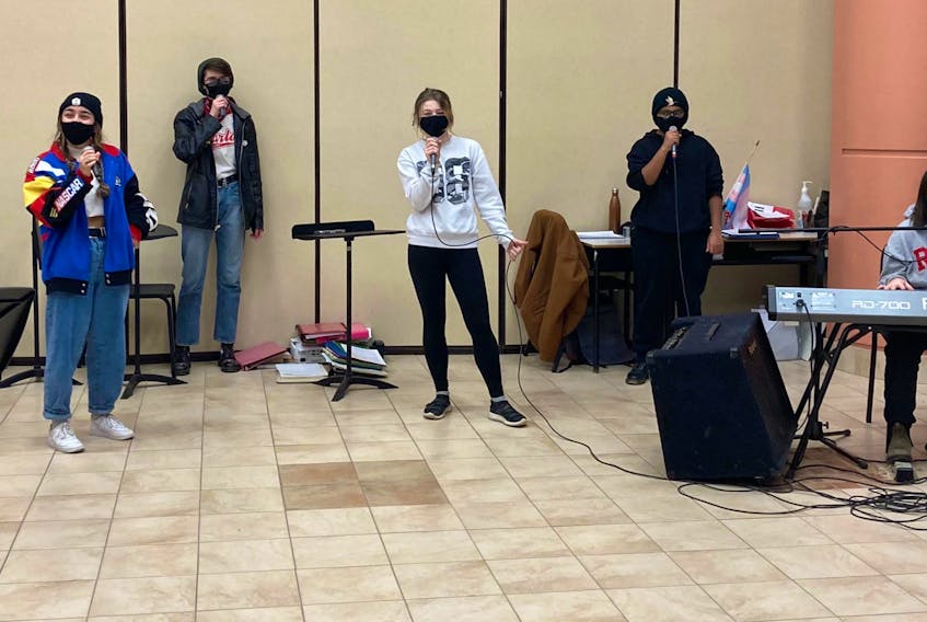 Grade 11 and 12 Riverview students are back singing but they must distance and wear masks while doing so. Left to right, Katelyn Finnigan-MacEachern, Ivy Leon, Miranda Planetta, Kearsten Steele, Josh Haq, Ravyn Howard and Destiny Romard. CONTRIBUTED