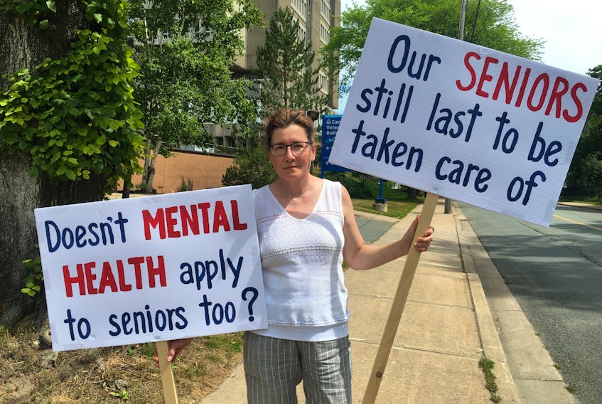 Stefanie Stanislow, standing outside of Camp Hill Veterans' Memorial Hospital on Aug. 4, 2020, says seniors in long-term care facilities are being left behind as Nova Scotia continues to ease its restrictions.