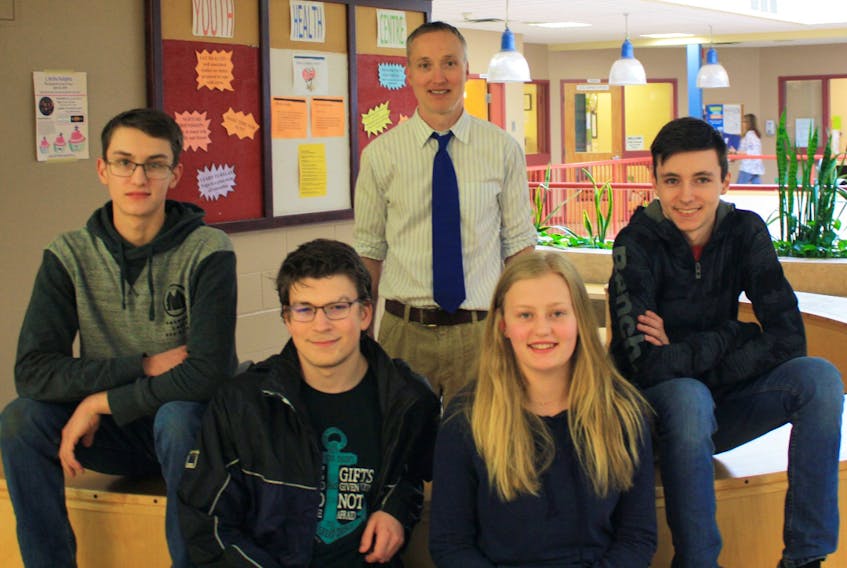 Dr. J.H. Gillis Regional High School students and SkillsNS competitors David Stewart, Andrew Sorenson, Gracie Glencross and Lucas McCully are pictured with principal Jack MacDonald.