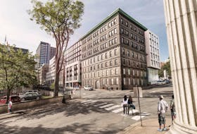A rendering of Dexel Developments' proposal for the Acadian Recorder and Kenny-Dennis buildings, as seen from the corner of George and Granville streets.