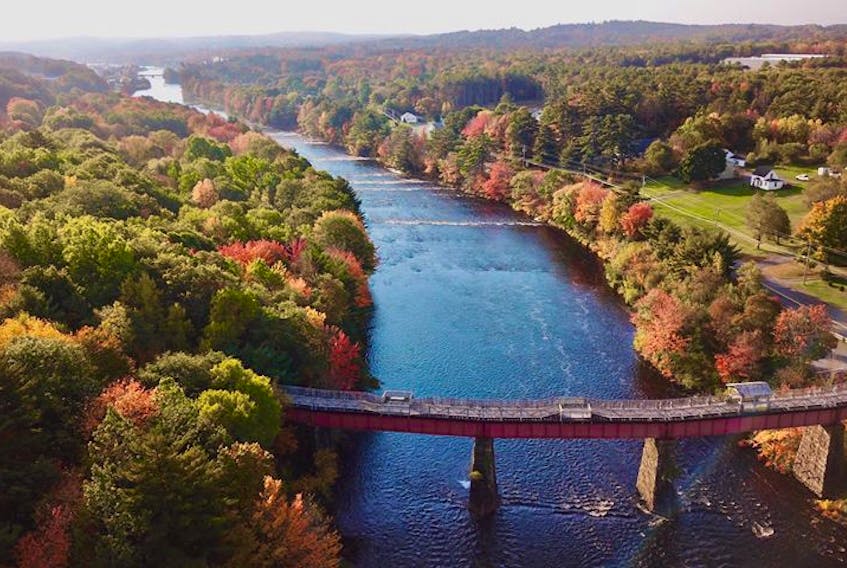 A bird's eye view of the Centennial Trail Bridge in Bridgewater, N.S., submitted by Cat Lohnes of HomeDRONE photography.