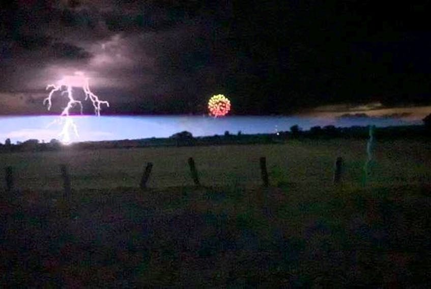 Jaime Meredith couldn’t believe his luck. Imagine the odds of watching a fireworks display and all of sudden, seeing Nature’s fireworks at the same time.  That’s exactly what happened near Truro Nova Scotia late last month.  Jaime said; “well, I guess I can cross ‘watch a fireworks show during a lightning storm’ off my bucket list”.