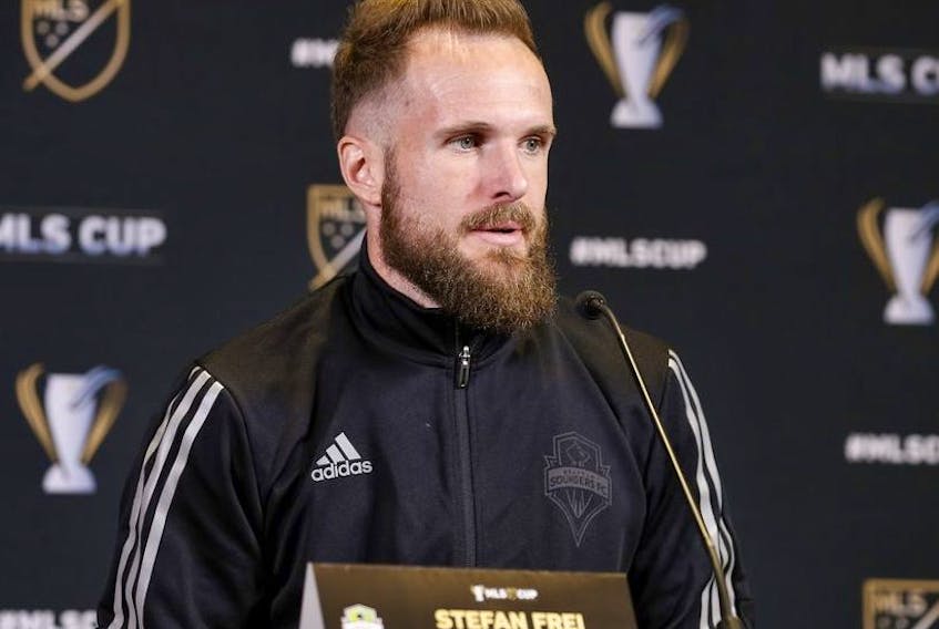 Seattle Sounders FC goalkeeper Stefan Frei answers questions during an MLS Cup press conference at the Grand Hyatt hotel. 