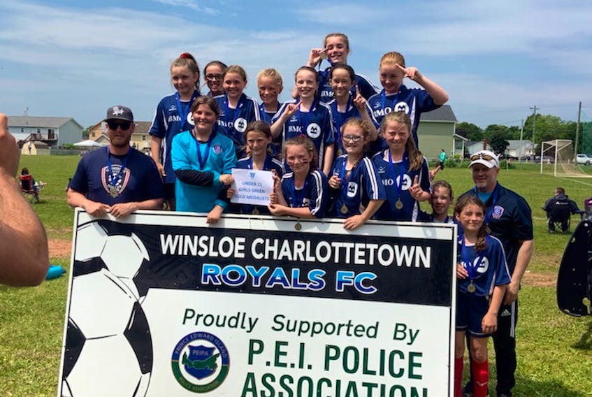 Summerside Green team won the girls’ under-11 championship at the Winsloe/Charlottetown Royals soccer tournament last weekend. Summerside defeated Stratford 4-1 in the final. Summerside team members are, front row, from left: Mark Simmons (coach), Abby Gallant (keeper), Lauren Simmons, Amie Simpson, Andie Betts, Finley Blacquiere, Ella Heer, Gwen Arsenault and Rudy Smith (coach). Back row: Chloe Rogers, Laura Costain, Nina Kenny, Isabelle Hickox, Charlotte Smith, Mila Mahar, Kayla Thomas and Sadie Chaisson.
