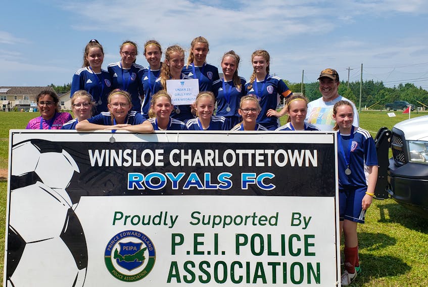 Summerside Team Three United girls’ under-15 First Division team earned the silver medals at the Winsloe/Charlottetown Royals’ soccer tournament recently. Fundy scored a late goal to edge Summerside 1-0 in the gold-medal match. Summerside team members are, front row, from left: Heleena Luddington (keeper), Ashley DesRoches, Allie Simpson, Aurora MacAusland, Rachael Purdy, Taia Gallant, Ciera Wedge and Lauren Mintie. Back row: Carley Campbell, Jaelynn Oatway, Faith Echlin, Payton MacCallum, Destiny Arsenault, Keira Dougay, Hailey Birch and Jeff MacCallum (coach).