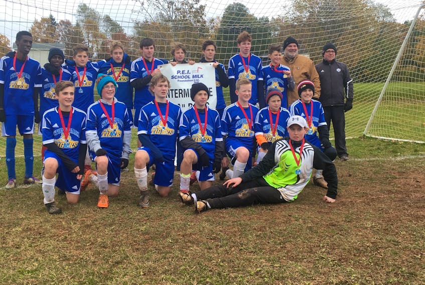 The Stonepark Tigers pose for a team photo after winning the P.E.I. School Athletic Association Intermediate AA Boys Soccer League championship on Thursday. The host Tigers got by Queen Charlotte 3-0 in the gold-medal game.