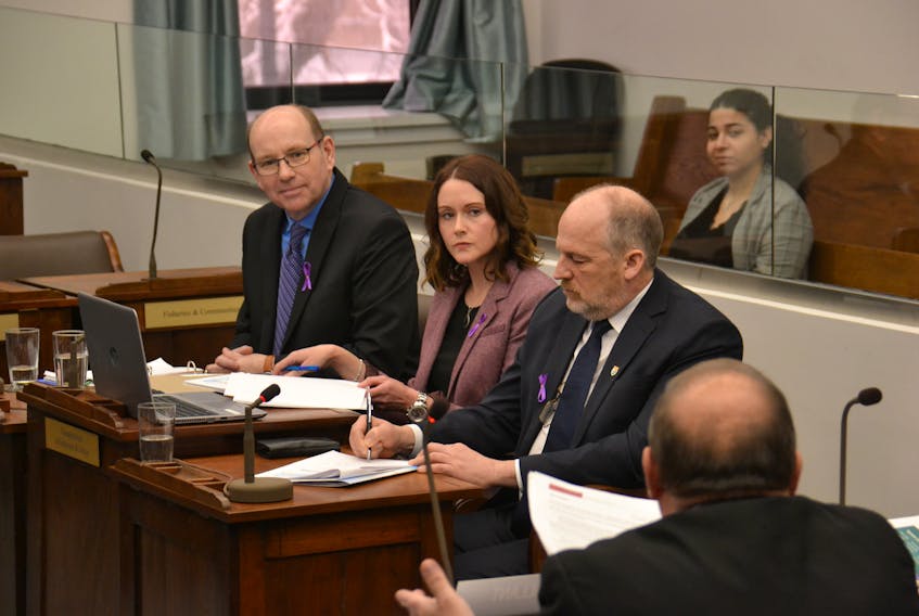Pat MacDonald, manager of social supports, Karen McCaffrey, director of social programs, and David Keedwell, deputy minister of Social Development and Housing, take questions during a standing committee meeting on Wednesday. Keedwell said his department is "not looking at" a basic income guarantee. Stu Neatby/THE GUARDIAN
