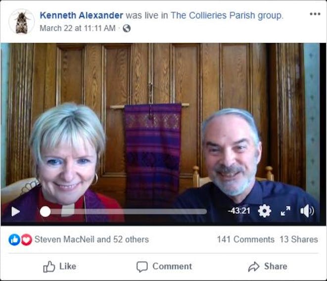 Rev. Dorothy Miller and Kenneth Alexander were smiling and laughing during the first part of their Facebook Live faith service for Collieries Parish in Glace Bay. Like many churches in Cape Breton, Collieries Parish has turned to online worship services, Bible studies and prayer meetings during the COVID-19 pandemic. CONTRIBUTED 