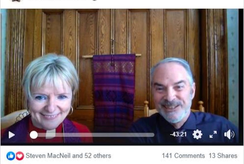 Rev. Dorothy Miller and Kenneth Alexander were smiling and laughing during the first part of their Facebook Live faith service for Collieries Parish in Glace Bay. Like many churches in Cape Breton, Collieries Parish has turned to online worship services, Bible studies and prayer meetings during the COVID-19 pandemic. CONTRIBUTED 