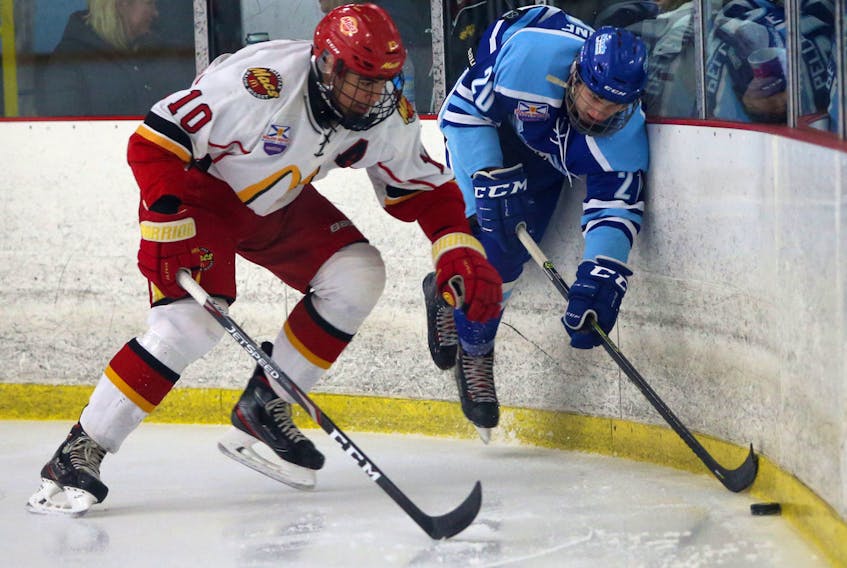 Halifax McDonald's defenceman Zack Byard collides with Steele Subarus Camden Pellerine during a Nov. 20, 2019 Nova Scotia Major Midget Hockey League game in Halifax. (TIM KROCHAK/The Chronicle Herald)
