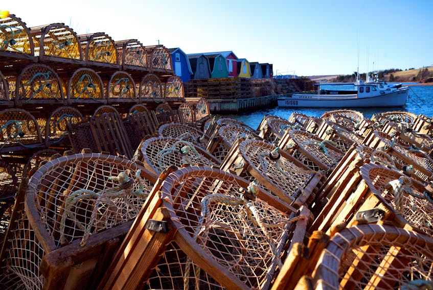 Lobster traps are piled up at Springbrook awaiting the beginning of the season, which has been delayed to May 15. 