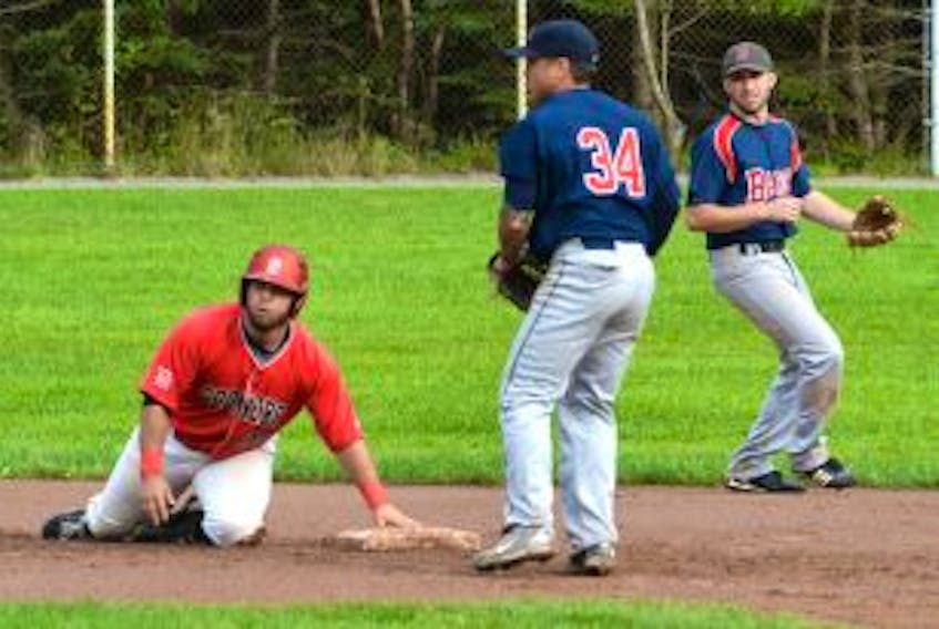 ["Sydney Sooners left-fielder Jordon Shepherd, left, looks up at the umpire after he was called out on a steal attempt at second base against the Corner Brook Barons of Newfoundland at the 2014 Canadian Senior Men's Baseball Championship in St. John's, N.L., on Thursday. Making the tag was Barons second baseman Mike O'Neill, as Barons shortstop Greg Sharpe looks on. The Sooners won the game, 11-3. &nbsp;"]