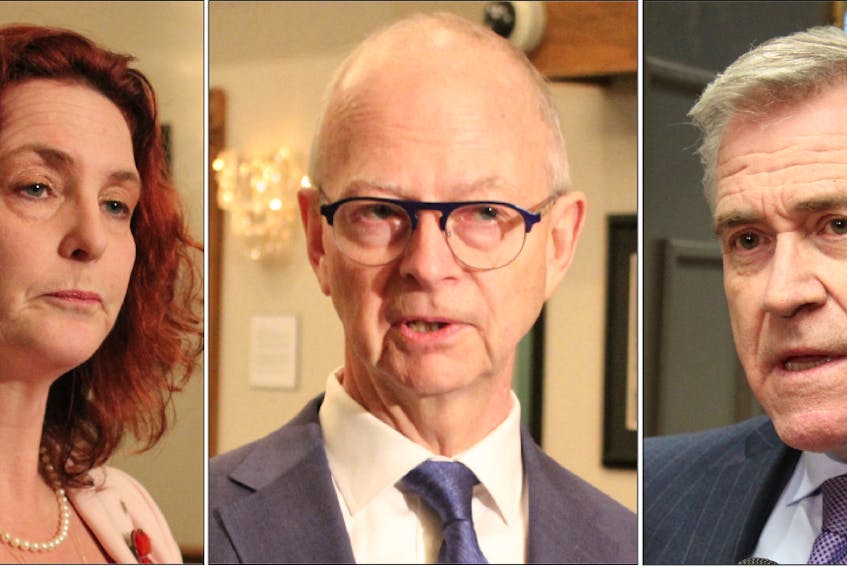 From left, NDP Leader Alison Coffin, Progressive Conservative Leader Ches Crosbie and Liberal Premier Dwight Ball. Politics in Newfoundland and Labrador could be in for a major shakeup, as talks of a coalition government have started to swirl behind the scenes, The Telegram has learned. — Telegram file photos