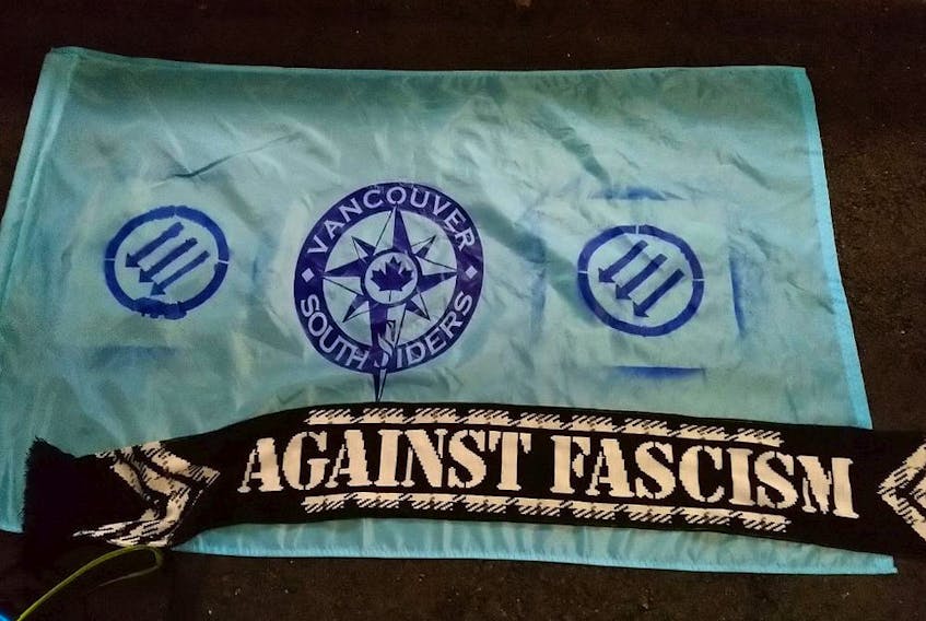 An anti-fascism flag that Vancouver Whitecaps supporter Paul Sabourin-Hertzog tried, and failed, to bring into Portland's Providence Park for the Whitecaps-Portland Timbers Major League Soccer game on Saturday.