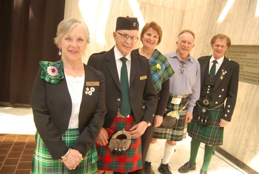 The Caledonian Club of P.E.I.’s Scottish Gala Banquet on Saturday, May 10, at the Confederation Centre of the Arts’ Memorial Hall in Charlottetown as part of the club’s 150th anniversary celebrations will include a parade of tartans. Shown here is club president Eleanor Boswell, left, in a district tartan, Cecil MacPhail in a MacPhail red, Darlene Compton in a hunting MacRae, Douglas MacKenzie in a dress MacKenzie and Roddie MacLean in a MacLean modern hunting tartan.