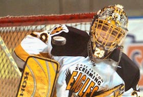 In this file photo, Marc-Andre Fleury makes a save during his time with the then Cape Breton Screaming Eagles in the early 2000s. Cape Breton drafted Fleury in 2000, unaware he'd be the player to put the organization on the map. Twenty years later and his impact is still felt with the Eagles and their fans. CONTRIBUTED