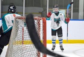 Aiden Webber of the New Waterford Sharks celebrates a goal with teammate Cohen MacDonald looking on during Cape Breton Under-13 ‘B’ Hockey League action earlier this season at the Miners Forum in Glace Bay. Teams can play games within their own leagues, however, due to COVID-19 regulations no spectators are allowed inside to watch until at least Sunday at 11:59 p.m. JEREMY FRASER • CAPE BRETON POST