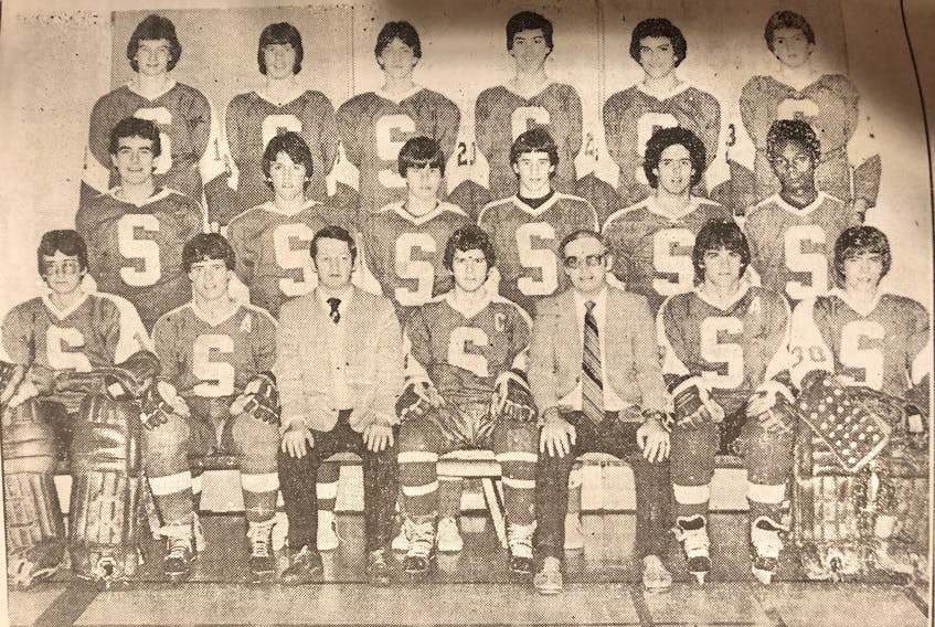 Sydney Academy has won the most high school hockey provincial titles at the Division 1 level in Cape Breton in the past 50 years. Nova Scotia School Athletic Federation records have the Sydney school winning at least seven since 1970. The championship 1982 team included from left, front, Reid Campbell, Duncan MacIntyre, Jack MacNeil (assistant coach), Robbie MacNeil, Dugga MacNeil (coach), Jerry Delaney and John Pierre; middle, Richie MacDonald, Kevin MacNeil, Dougie MacNeil, Greg Martell, Mark MacDonald and Whitfield Best; back, Terry Drohan, Dougie Ross, Blair Donovan, Tommy MacNeil, Ray Abbass and Brian MacArthur. CAPE BRETON POST FILE