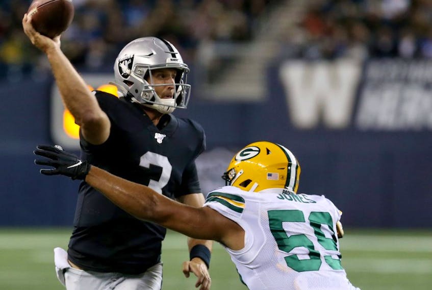 Spectators at an NFL preseason game in Winnipeg last year got to see the likes of Oakland Raiders QB Nathan Peterman (left) and Green Bay Packers LB Markus Jones.