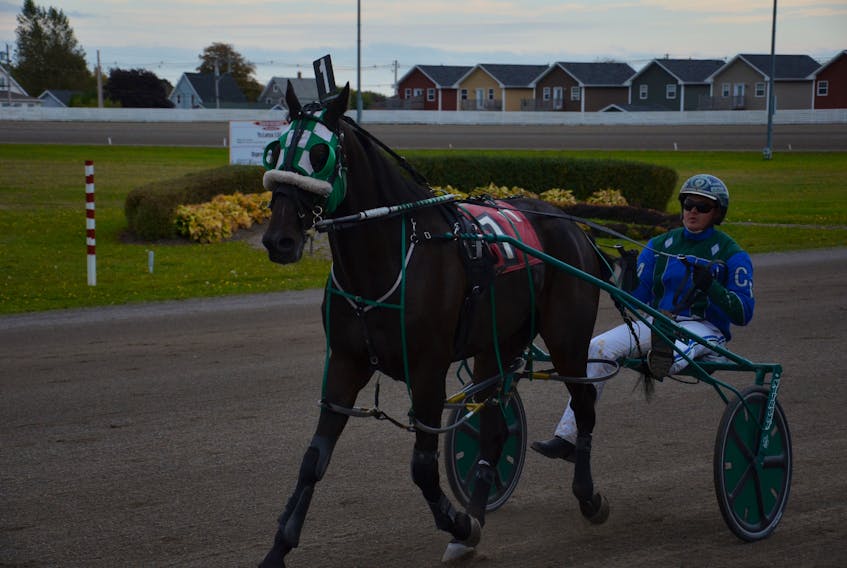Driver Corey MacPherson and Painted Desert make their way back to the winner’s circle after the Sunday afternoon feature at Red Shores at Summerside Raceway. Jason Simmonds/Journal Pioneer