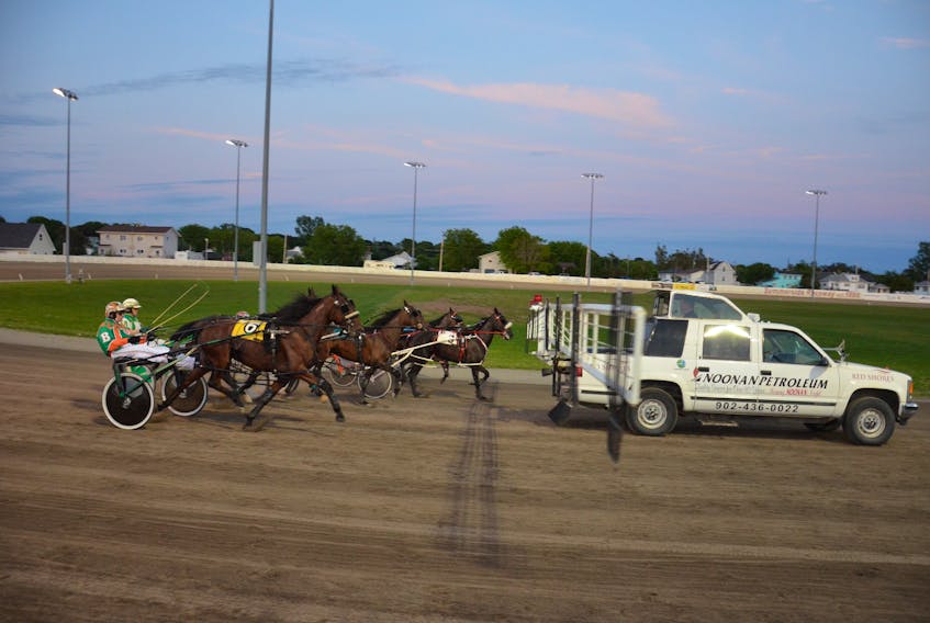 Harness racing action at Red Shores at Summerside Raceway.