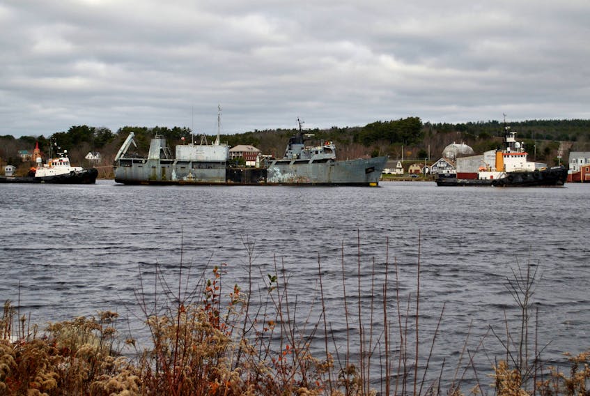 The former HMCS Cormorant made it final voyage down the LaHave River on Nov. 18 with the help of several tugboats.