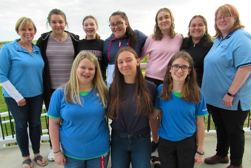 Thirteen girls and three leaders from the 2nd Bridgewater Pathfinders have been fundraising for a 10-day trip to Europe during March Break 2020. During the past 15 months, the girls have raised $55,000 of the needed $65,000. All donations are tax deductible. From left, in front, are Emily Varner, April Deveau and Hanna Johnston. In back are Pathfinder leader Sandra Johnston, Kadence Wagner, Teia Emberly, Naomi Frost, Makenzie Green, Mia England and Pathfinder leader Michelle Dionne.