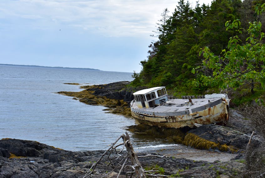 The Schwalbe originally broke free from its moorings and drifted to Feltzen South in 2015. Four years later, the boat remains, dashed and broken on the rocks.