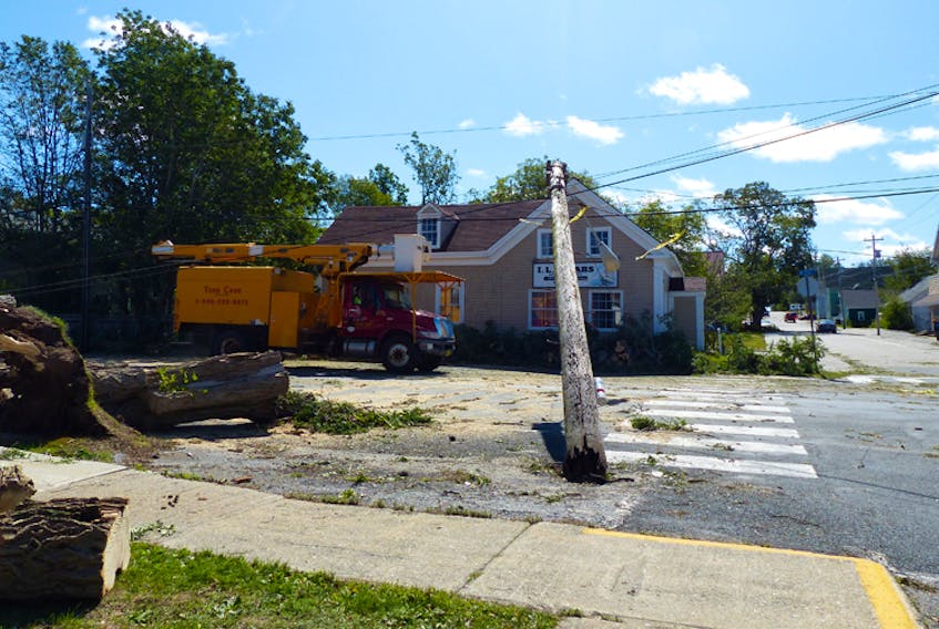 This power pole on King Street in Shelburne was felled by a huge, old tree that had been uprooted by post-tropical Storm Dorian on Sept. 7.