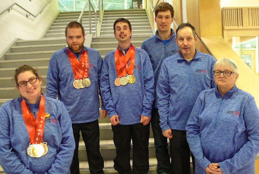 Athletes from Lunenburg-Queens Special Olympics who competed at the recent 2020 Canada Winter Games in Thunder Bay were, from left, Emily Latta, Colby Oickle, Michael Moreau, Nicholas Skoreyko, Josef Voegele and coach Betty Ann Daury. VERNON OICKLE PHOTO