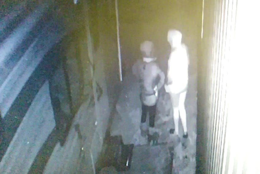 Surveillance footage from St. Anthony Green Depot shows two individuals outside the business at the time of the break and enter. – Image Courtesy of the RCMP 